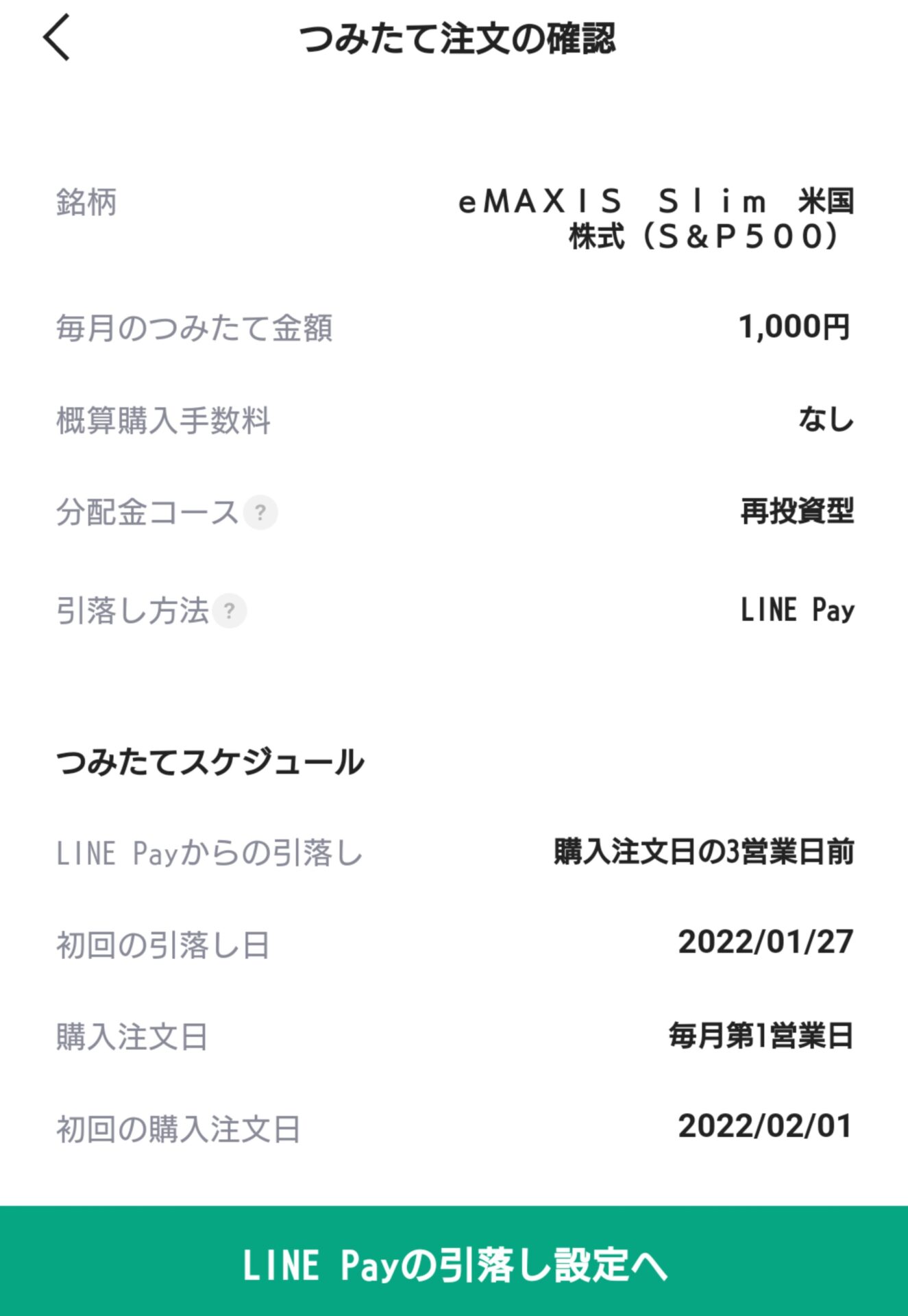 LINE証券 投資信託 積立購入確認画面